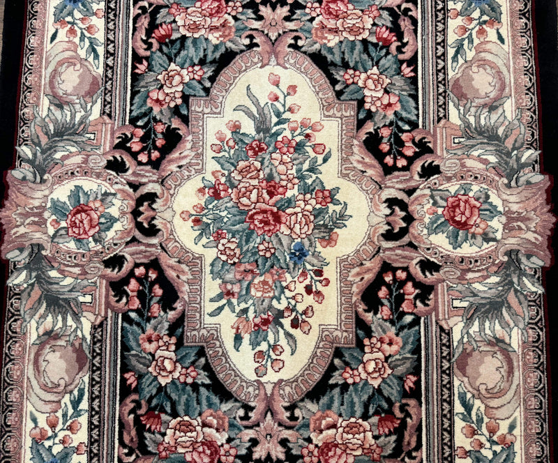 Aubusson Rug 4x6, Elegant European Floral Design, Black and Ivory, Fine 200 KPSI by Jewel Rugs
