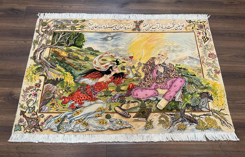 Persian Tabriz Pictorial Rug 5x3, Hafez Poetry In Border, Very Fine Hand Knotted Carpet, Wall Hanging Wool Oriental Carpet 3x5, Highly Detailed by Jewel Rugs