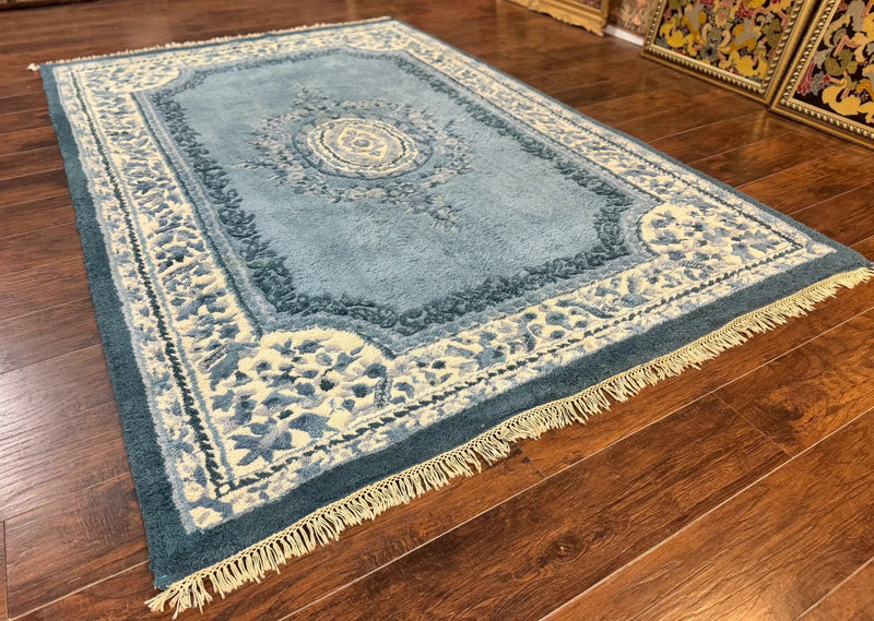Indo Chinese Aubusson Rug 6x9, Light Blue and Ivory, Handmade Vintage Wool Carpet by Jewel Rugs