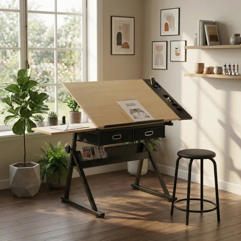 Adjustable Drawing Drafting Table Desk With 2 Drawers - Maple by HouseOfZazla