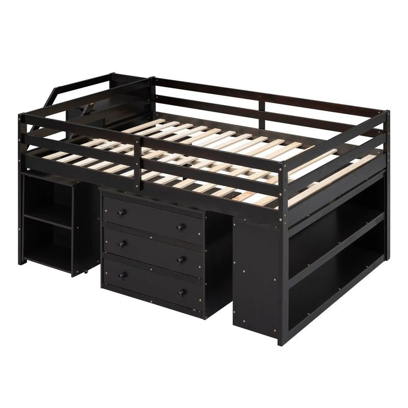 Loft Bed With Retractable Writing Desk And 3 Drawers With Storage Stairs And Shelves by HouseOfZazla