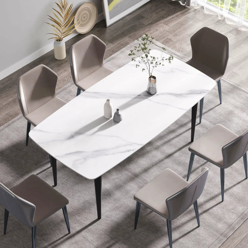 70.87" Modern Artificial Stone Curved Black Metal Leg Dining Table, Can Accommodate 6-8 People - White / Black by HouseOfZazla