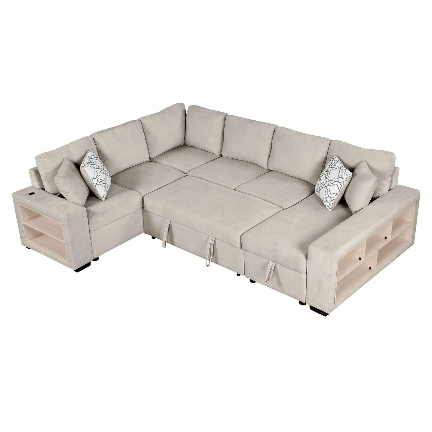 U-Shaped Sectional Sofa Pull-Out Sofa Bed With Two USB Ports, A Storage Chaise Lounge And Four Back Pillows For Living Room by HouseOfZazla