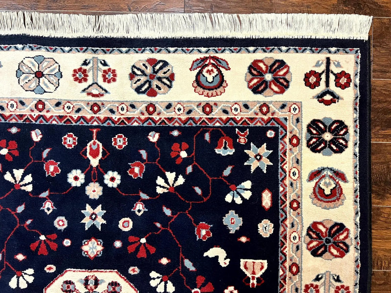 Belgium Power Loomed Rug 5.6 x 7, Navy Blue and Ivory, Heriz Pattern, Vintage Oriental Carpet by Jewel Rugs