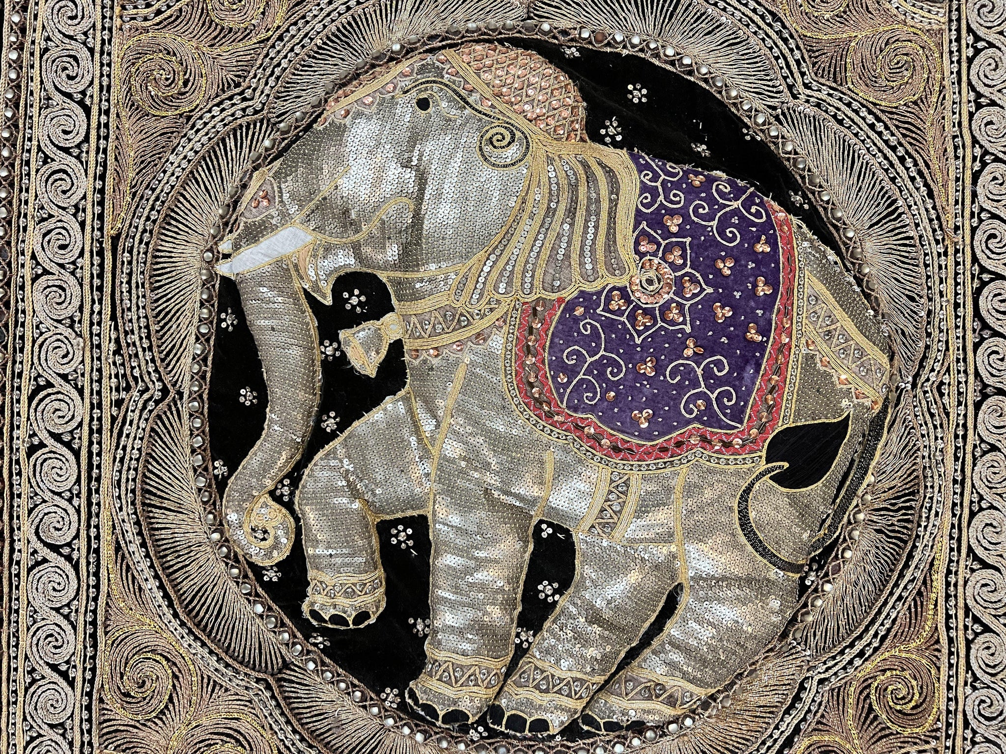 Indian Embroidery 3x3, Elephant Design, Detailed Needlepoint, Beadwork by Jewel Rugs