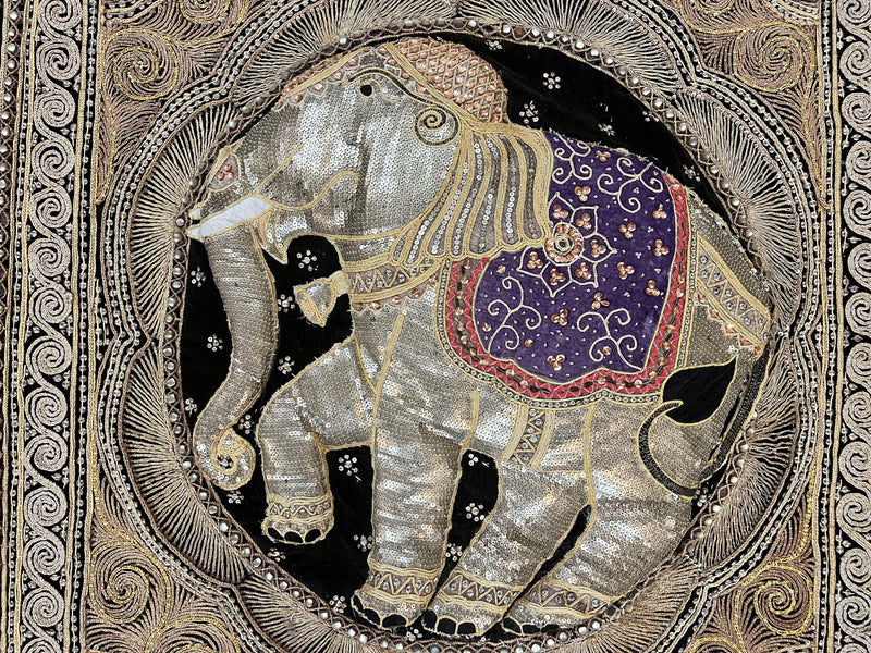 Indian Embroidery 3x3, Elephant Design, Detailed Needlepoint, Beadwork by Jewel Rugs