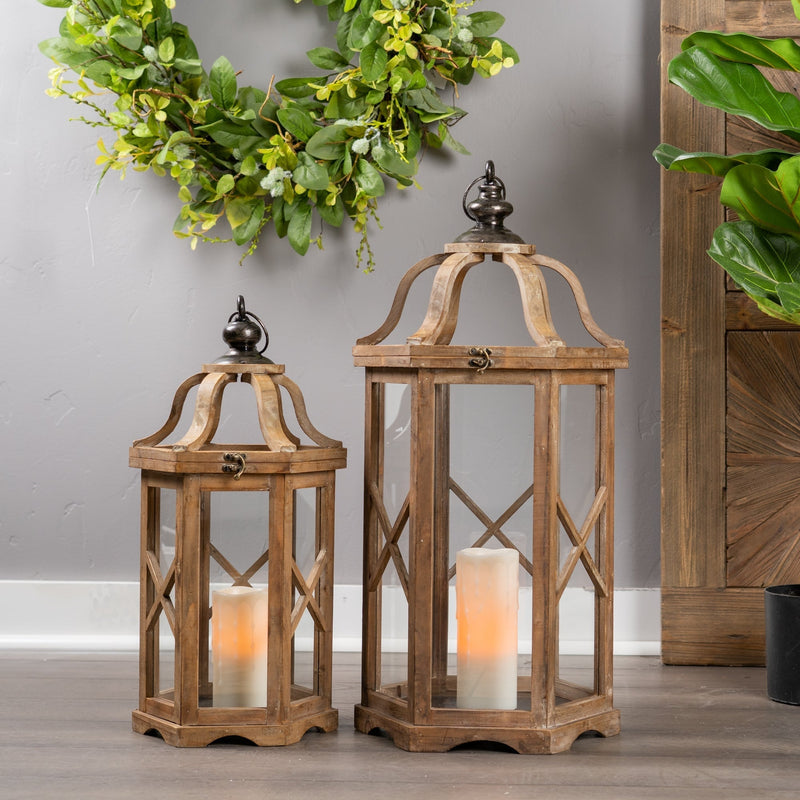 Natural Wood Hexagon Lantern with Curved Top (Set of 2), photo 2 of 2