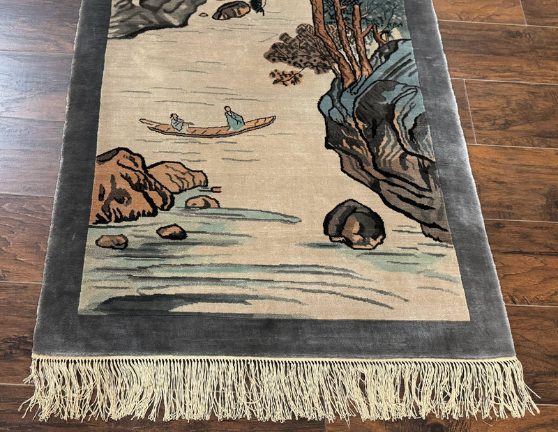 Chinese Silk Wall Hanging 3x5, Handmade, River and Boat Scene, Rug Tapestry by Jewel Rugs