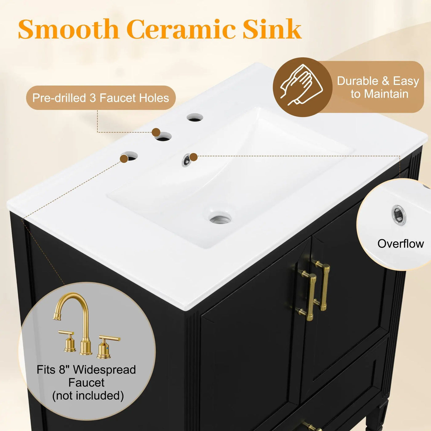 Elegant Fluted Bathroom Vanity With Sink, Soft Close Doors & Drawer by HouseOfZazla