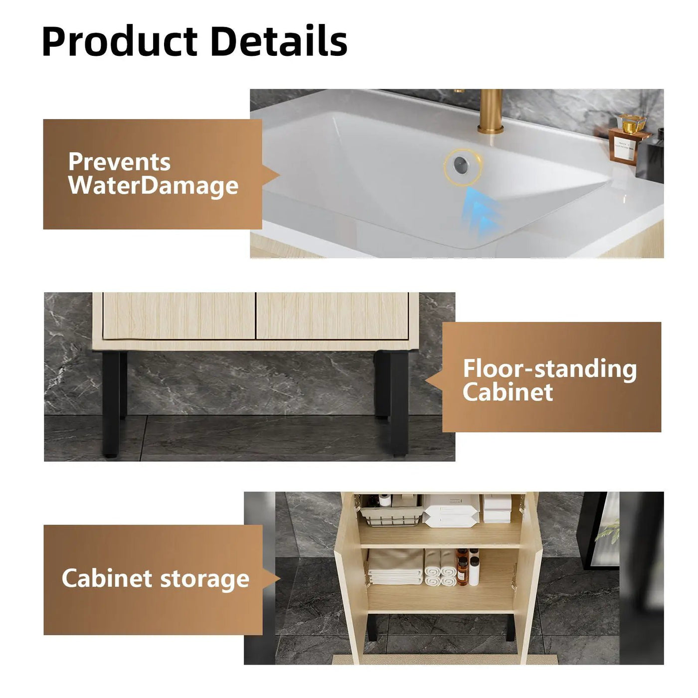 Bathroom Vanity With Ceramic Sink, Floor-Standing Design, Soft-Closing Drawers by HouseOfZazla