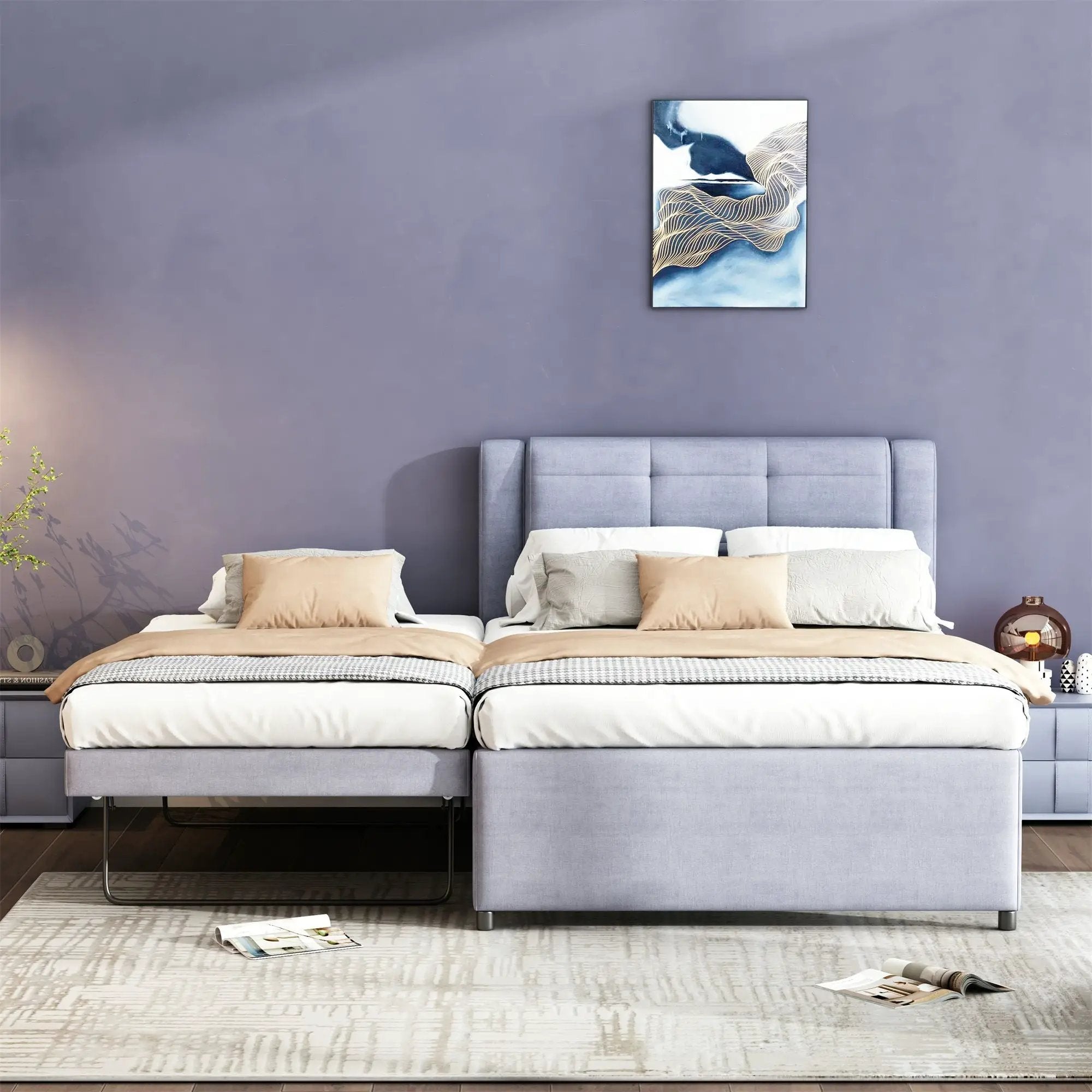 Upholstery Platform Bed With Trundle, Trundle Can Be Flat Or Erected by HouseOfZazla