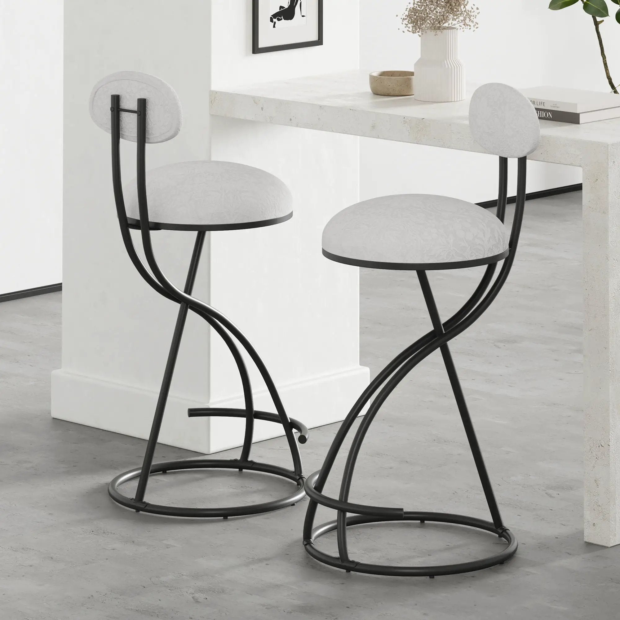 Round Print Bar Stools Upholstered Chairs For Kitchen (Set of 2)