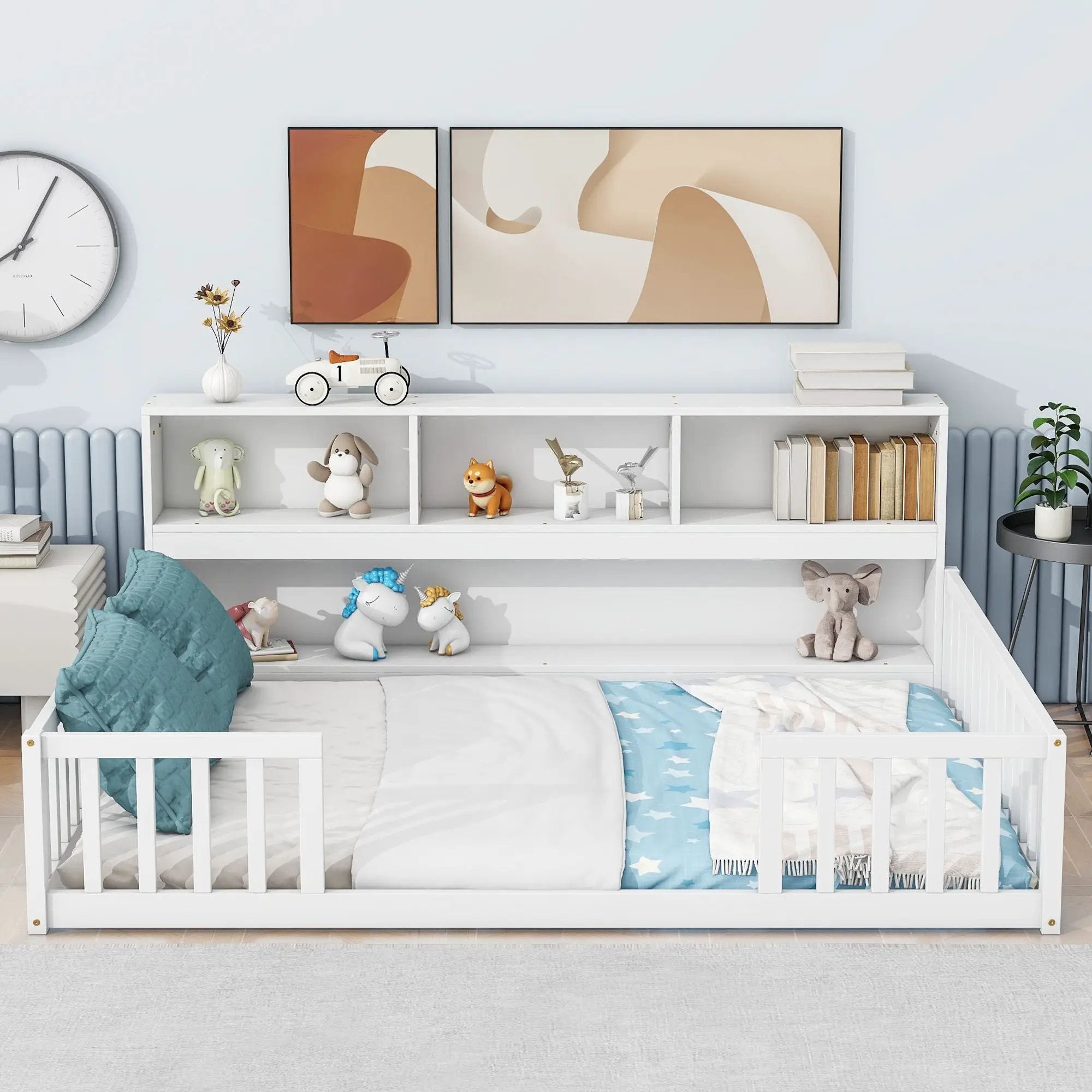 Floor Bed With Side Bookcase, Shelves, Guardrails by HouseOfZazla