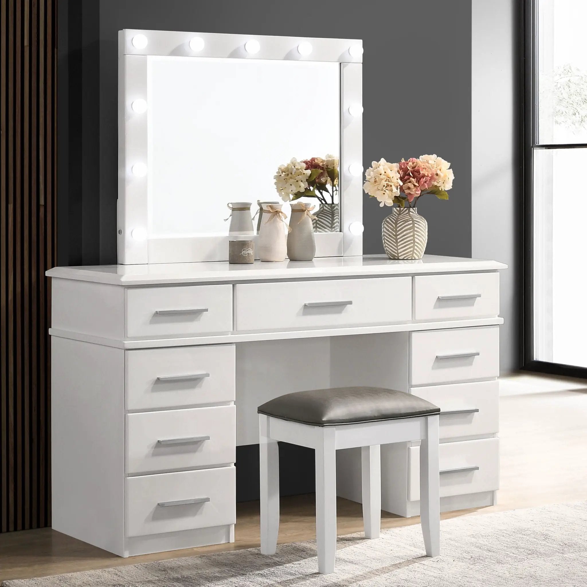 Felicity 9-drawer Vanity Table Lighted Mirror Glossy White by Unique Piece Furniture