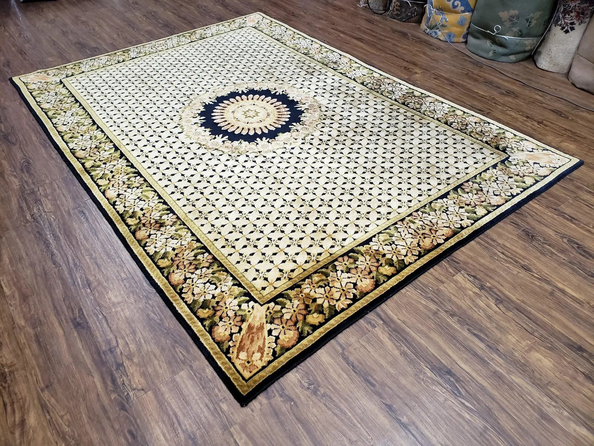 Indian Rug with Tibetan Weave, 6x8 - 6x9 Rugs, Indo-Tibetan Rug, Black and Cream Beige Tan, Floral Border, Soft Rug, Handmade Area Rug, Wool by Jewel Rugs