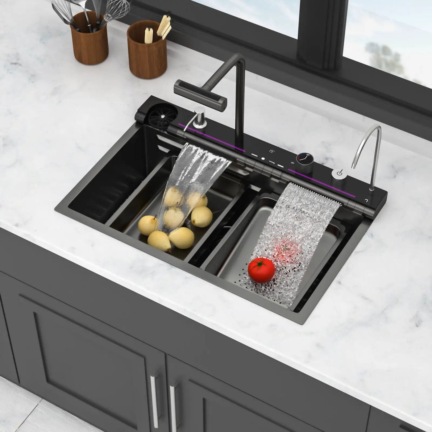 30" Single Bowl Kitchen Sink With Smart LED Faucet by HouseOfZazla