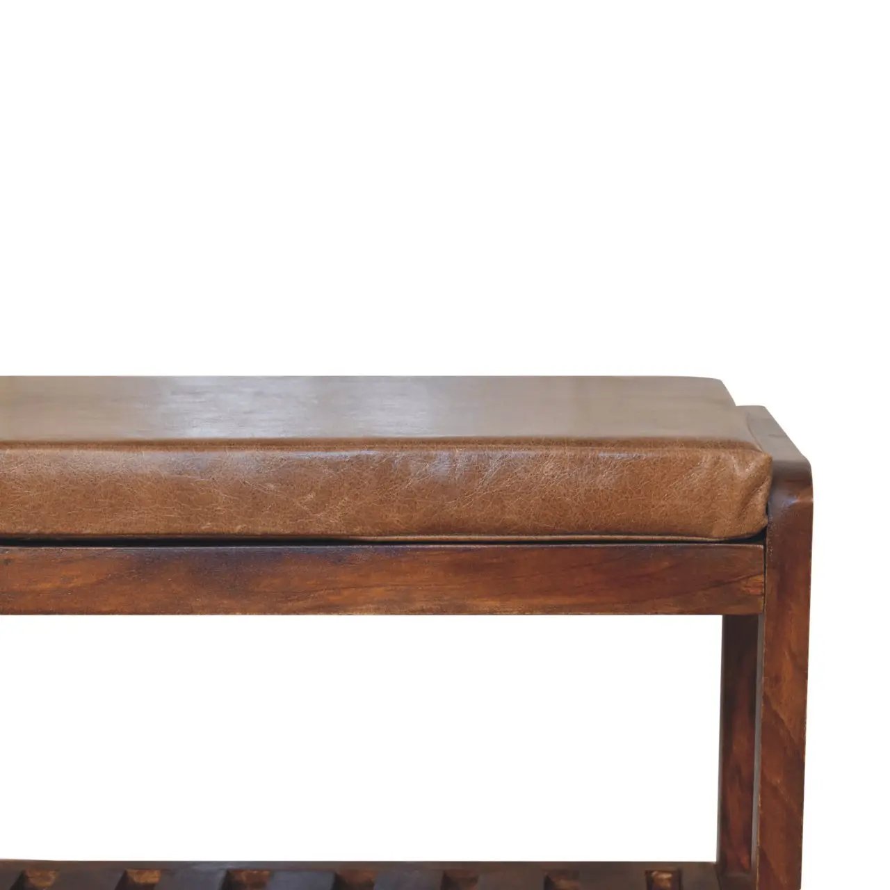Solid Wood Small Buffalo Slatted Bench, Leather Upholstered, Open Storage by HouseOfZazla