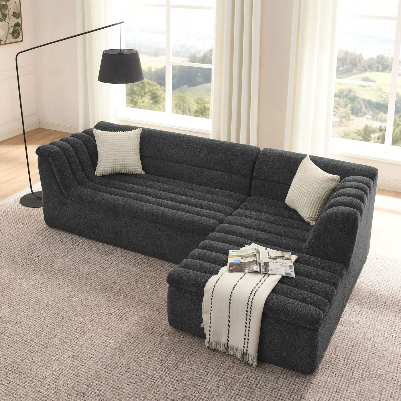 Upholstered L-Shaped Modular Sectional Sofa With Chaise, Wave-Shaped Armrest by HouseOfZazla