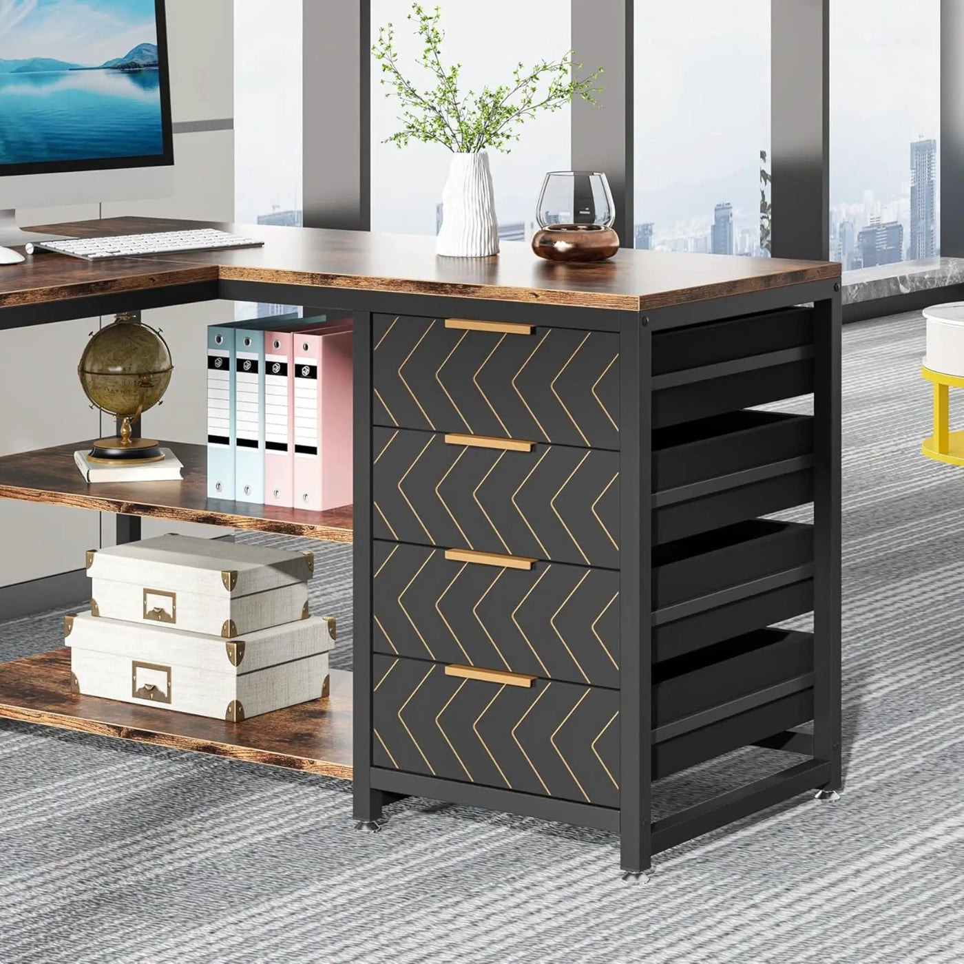 L-Shaped Computer Desk With Drawers And Shelves, Workstation For Home Office by HouseOfZazla