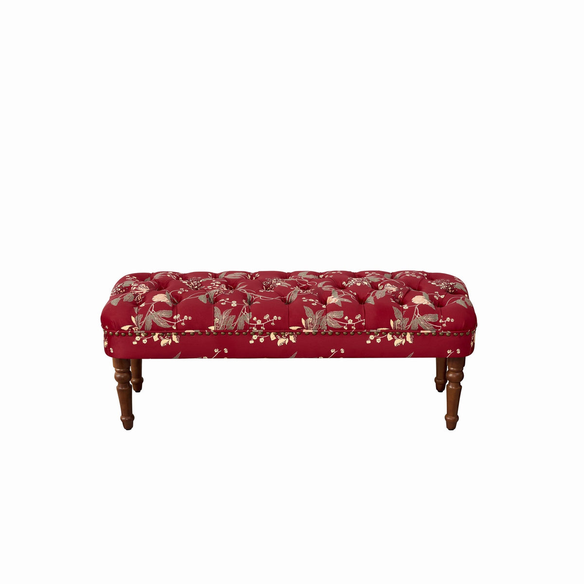 European Style Tufted Floral Bench with Turned Wood Legs - Wine Red, Green, Tiffany Blue, photo 9 of 10