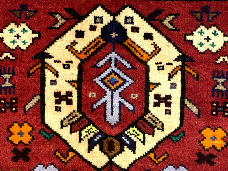 Small Persian Tribal Rug, Red and Ivory, Baluch Rug by Jewel Rugs