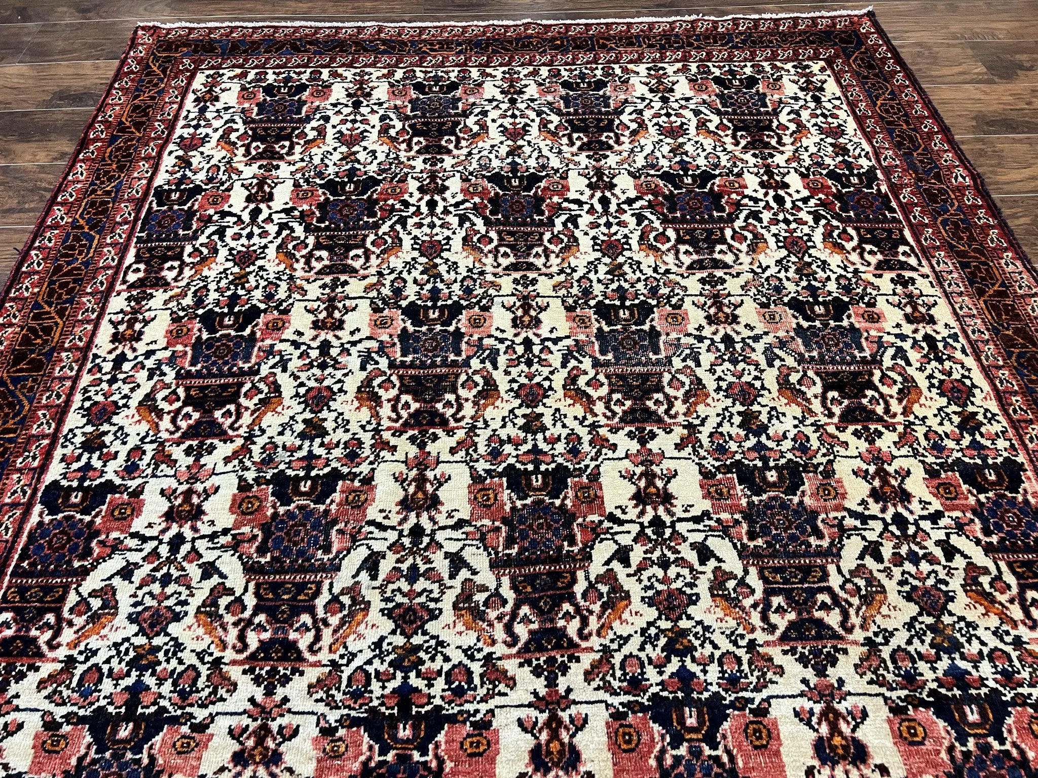 Persian Afshar Rug 6x8, Wool Hand Knotted Semi Antique Vintage Carpet, Floral Allover, Repeated Birds Flowers Vases Motifs by Jewel Rugs