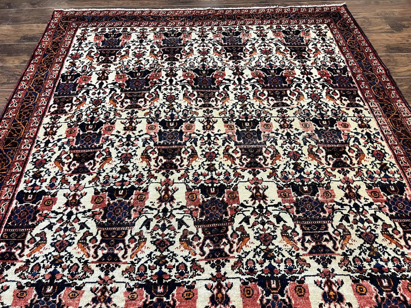 Persian Afshar Rug 6x8, Wool Hand Knotted Semi Antique Vintage Carpet, Floral Allover, Repeated Birds Flowers Vases Motifs by Jewel Rugs