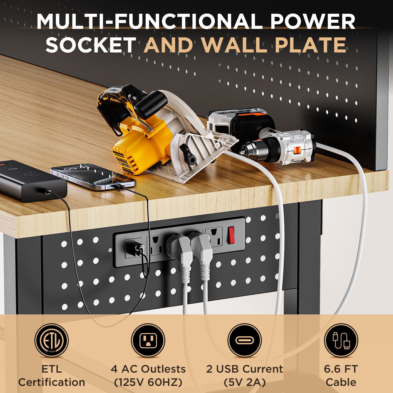 Adjustable Height Workbench, Includes Drawers, Power Outlet, LED Light, Wheels Or Leveling Feet - Black by HouseOfZazla