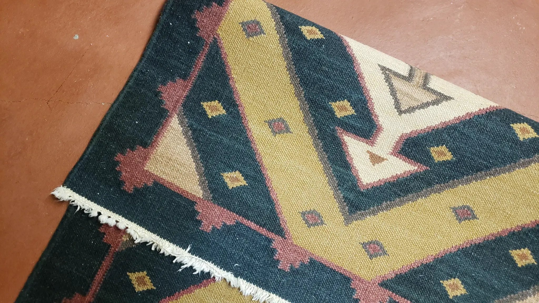 Vintage Indian Kilim Runner Rug, Geometric Flatweave Hand-Knotted Wool Kitchen Hallway Runner, Black Gold & Beige, 2' 8" x 9' 9" by Jewel Rugs