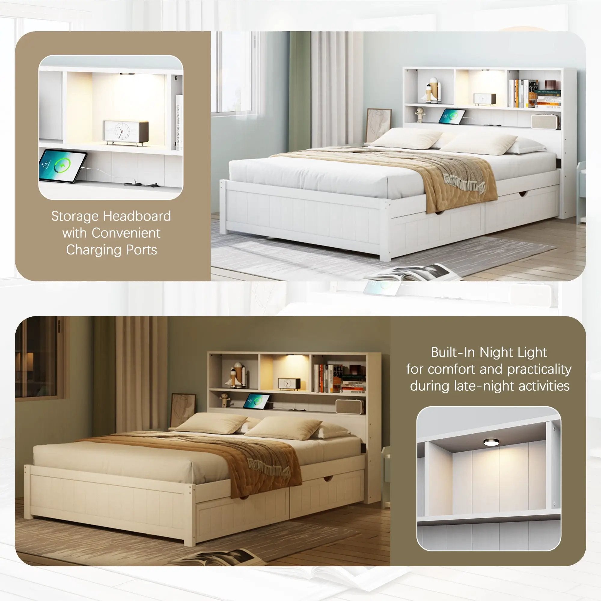Platform Bed With Bookcase Headboard, Built-In Downlight, Charging Station, And 2 Side Drawers by Unique Piece Furniture