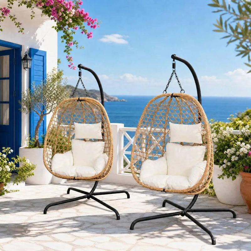 Set of 2 Egg Chairs with Stand - Patio Wicker Hanging Hammock Swing by HouseOfZazla