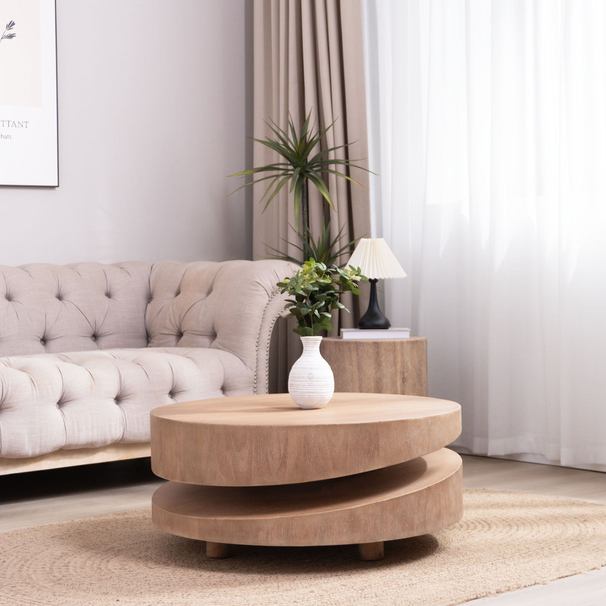 Modern Round Wood Coffee Table with Sculptural Two-Tier Design - Natural, photo 3 of 4