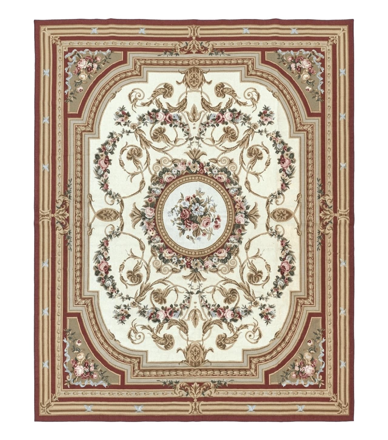 Aubusson Needlepoint Rug 9x11, Handmade Vintage Wool Flatweave Carpet, Elegant European Rug, Floral, Cream by Jewel Rugs