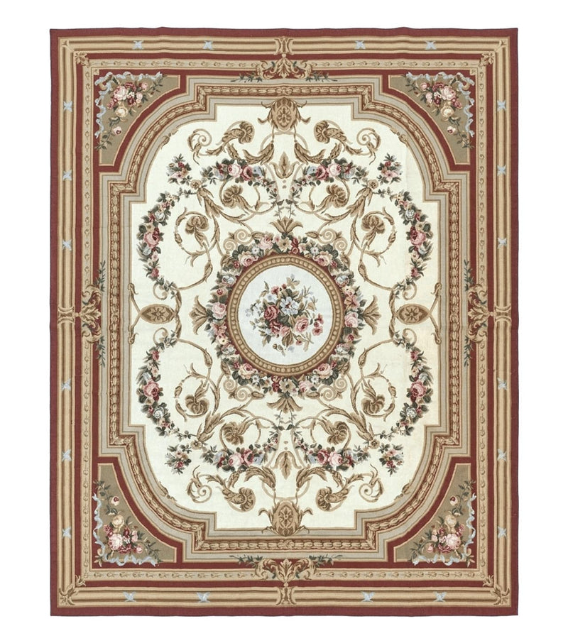 Aubusson Needlepoint Rug 9x11, Handmade Vintage Wool Flatweave Carpet, Elegant European Rug, Floral, Cream by Jewel Rugs