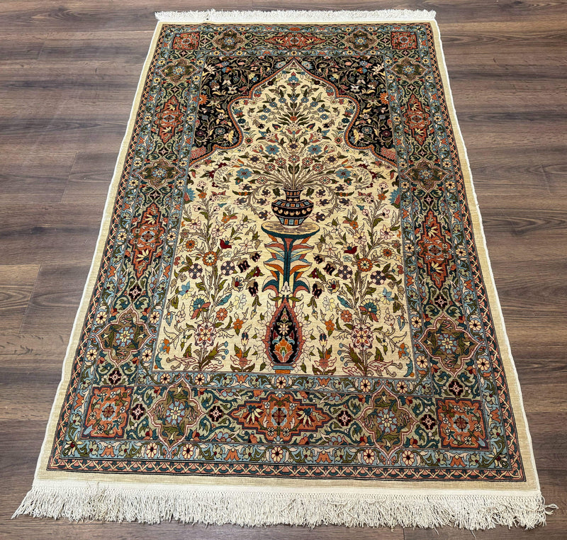 Rare Turkish Hereke Silk Rug 3x5, Tree of Life Persian Vase Design, Very Fine 440 KPSI, Signed by Jewel Rugs