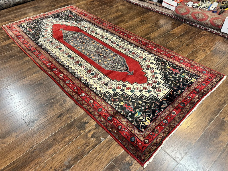 Persian Rug 5x12 ft, Red Cream Navy Blue, Pictorials, Hand Knotted Handmade Wide Runner Tribal Bidjar Semi Antique Wool Geometric Oriental Rug by Jewel Rugs