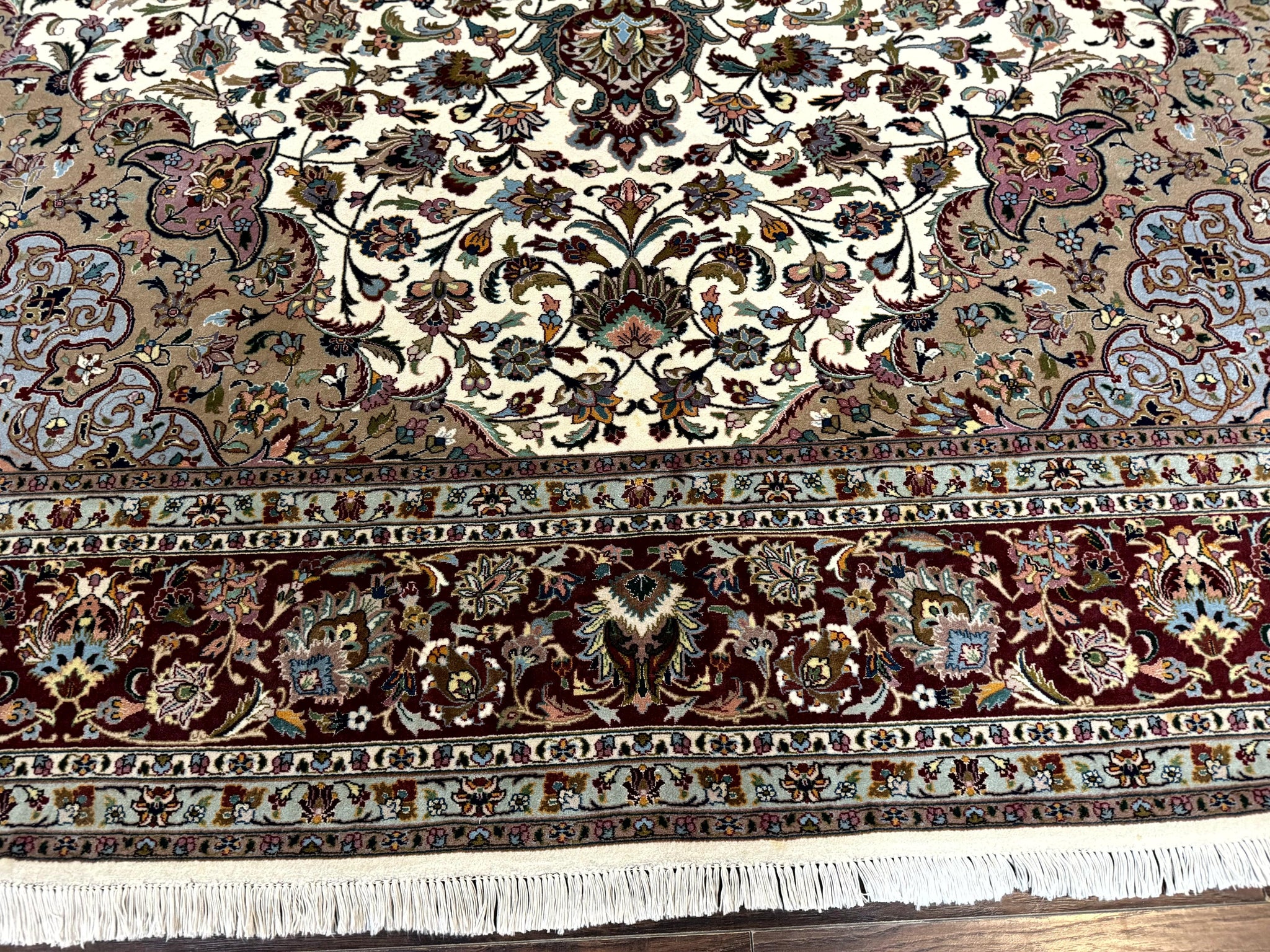 Persian Tabriz Rug 8x11, Floral Medallion Traditional Area Rug, Fine 300 KPSI, Ivory Maroon by Jewel Rugs
