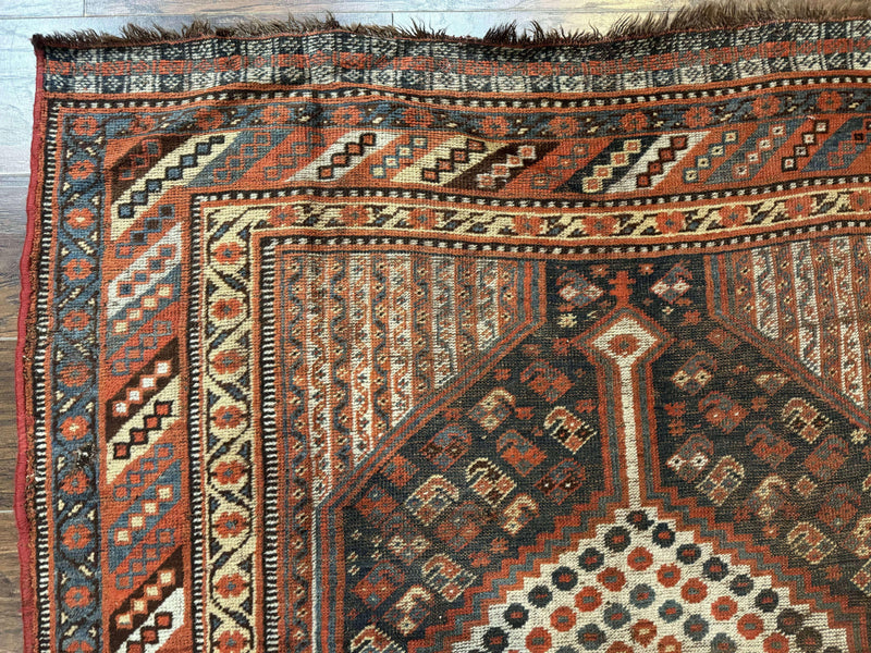 Antique Persian Shiraz Rug 5x8, Khamseh Tribal Wool 1920s Carpet, Navy Blue by Jewel Rugs