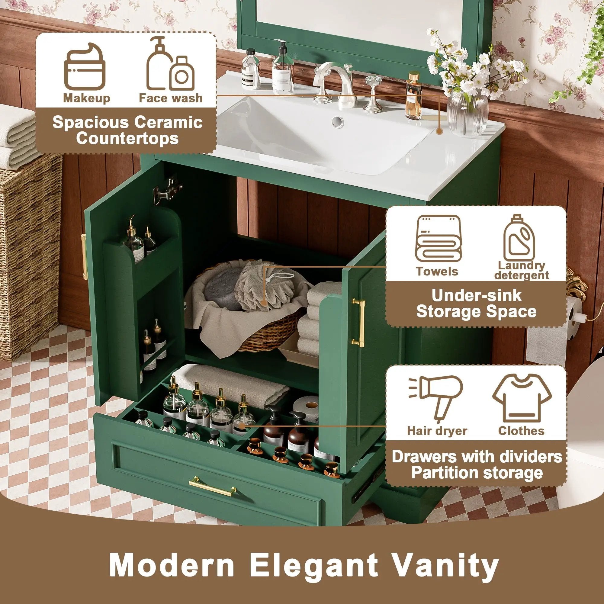 Bathroom Vanity With Sink, 1 Divided Drawer And 2 Soft Close Doors With Double Shelf