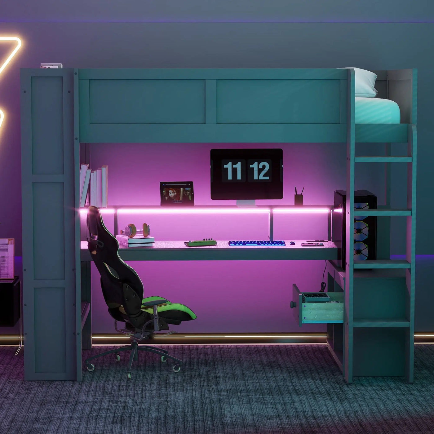 Gaming Loft Bed With Desk, Multi Storage Shelves, LED And Charging Station by HouseOfZazla