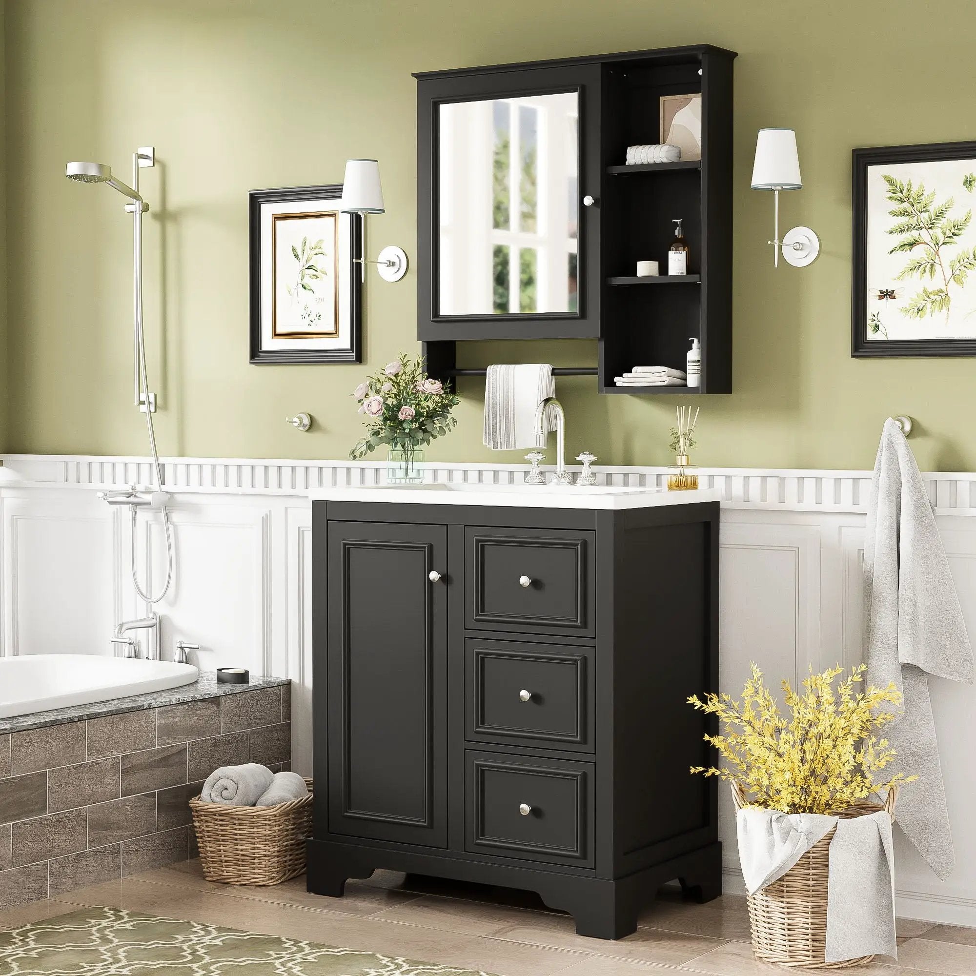 Bathroom Vanity With Sink, Modern Elegant Bathroom Storage Cabinet With 3 Drawers And Adjustable Shelves, Freestanding Vanity Set With Mirror Cabinet, Single Sink Bathroom Vanity by HouseOfZazla