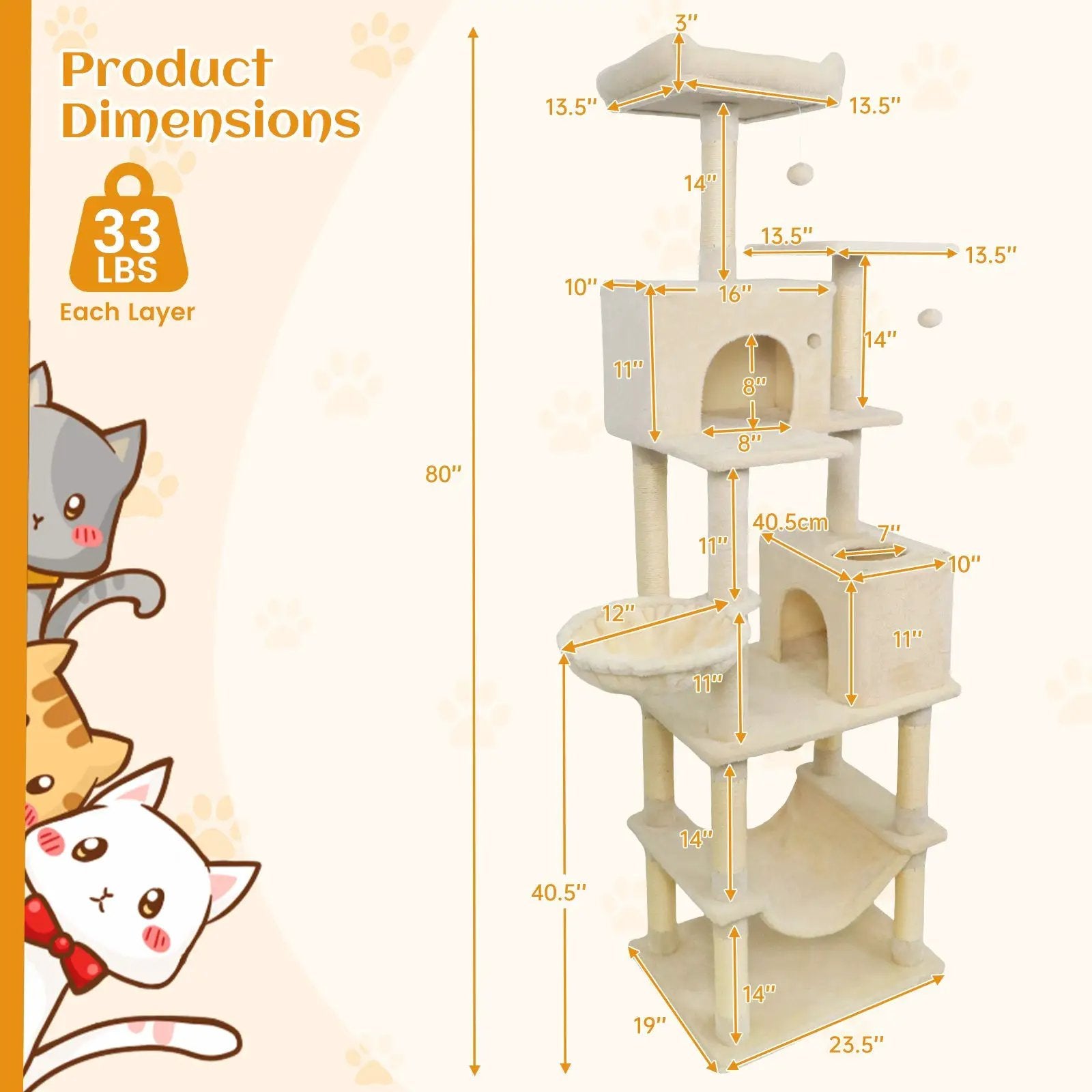 80 Inches Tall Cat Tree with 2 Large Condos and Dangling Toys by DirectDeals
