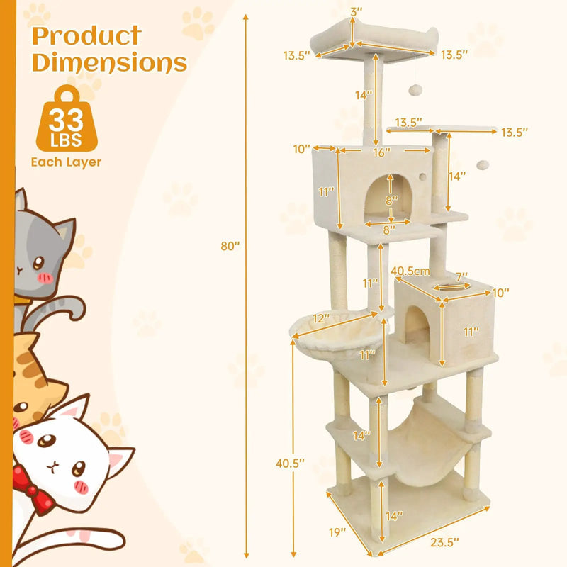 80 Inches Tall Cat Tree with 2 Large Condos and Dangling Toys by DirectDeals
