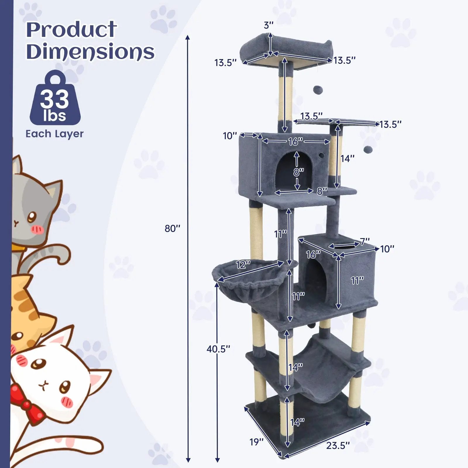 80 Inches Tall Cat Tree with 2 Large Condos and Dangling Toys by DirectDeals
