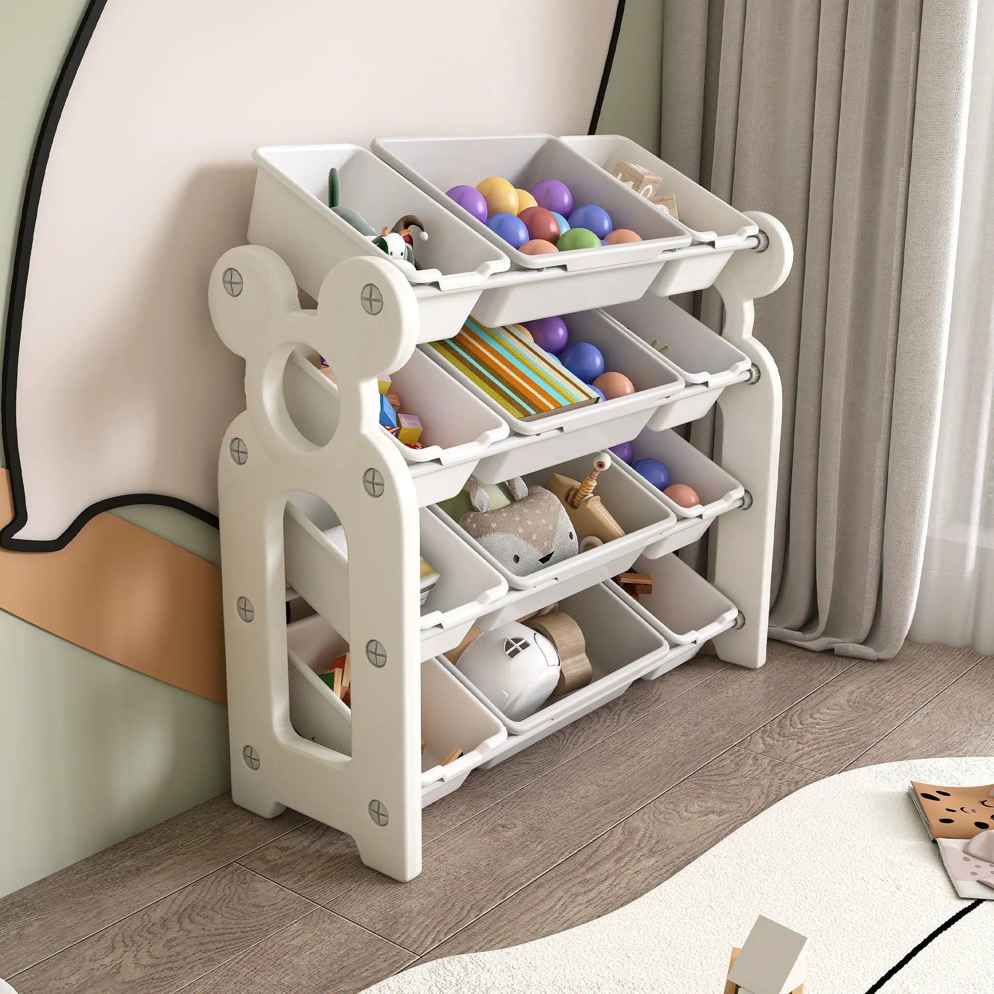 Multi Functional Kids Toy Storage Organizer Cabinet With Hdpe Shelf And 12 Bins - Gray White by Unique Piece Furniture