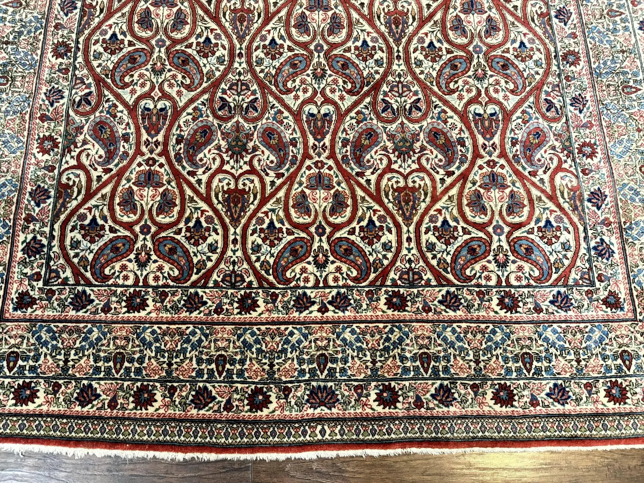 Unique Persian Qum Rug 5x7, Repeated Paisely Boteh Design, Ivory Red Blue, Handmade Antique Wool Persian Carpet, Finely Hand Knotted by Jewel Rugs