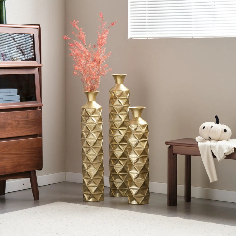 Metal Decorative Vase High Distress Metal Center Vase With 3D Triangle Pattern, (Set of 3) Vases For Home Decoration - Gold by HouseOfZazla