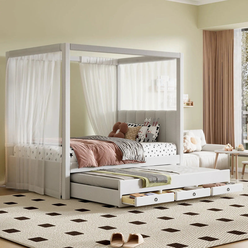 Upholstery Canopy Platform Bed With Trundle And Three Storage Drawers by Unique Piece Furniture
