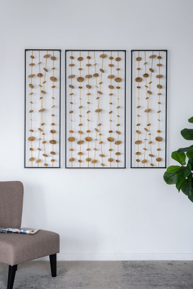 Metal Decorative Wall Art with Frame - Set of 3 - Gold