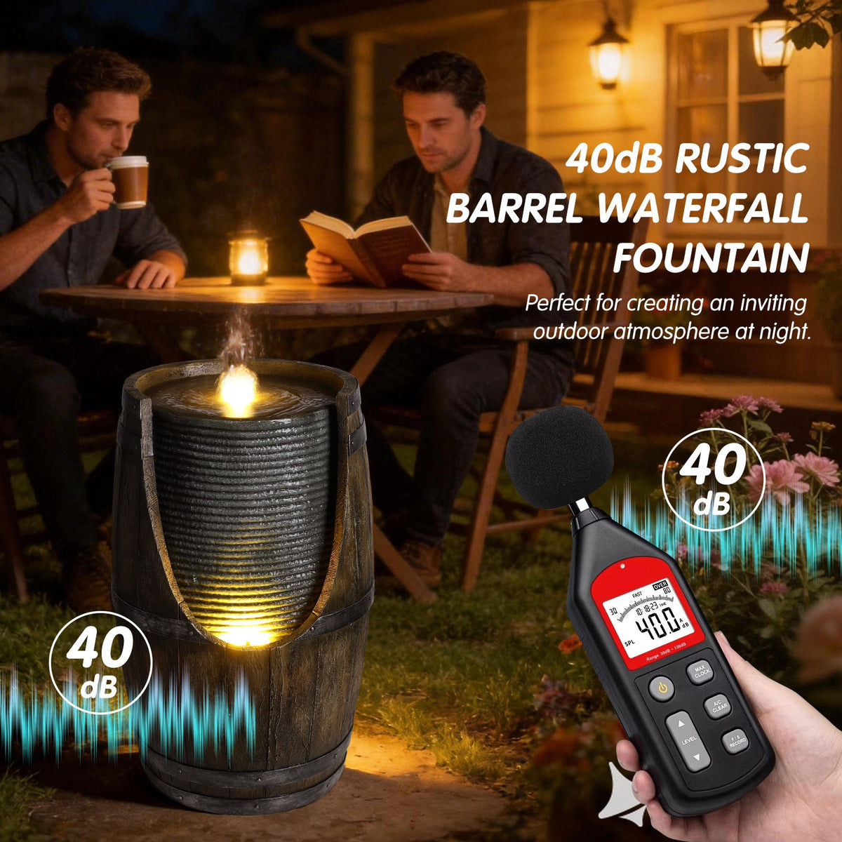 Resin Rustic Barrel Outdoor Water Fountain 24 Inch LED, photo 6 of 10